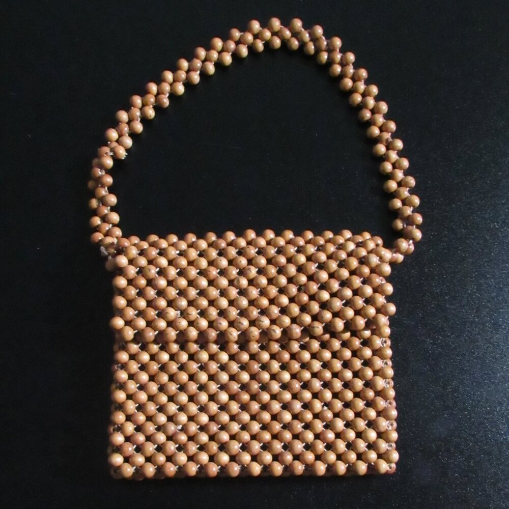 Vintage 70s Small Japanese Style Wooden Bead Handbag Shoulder Bag